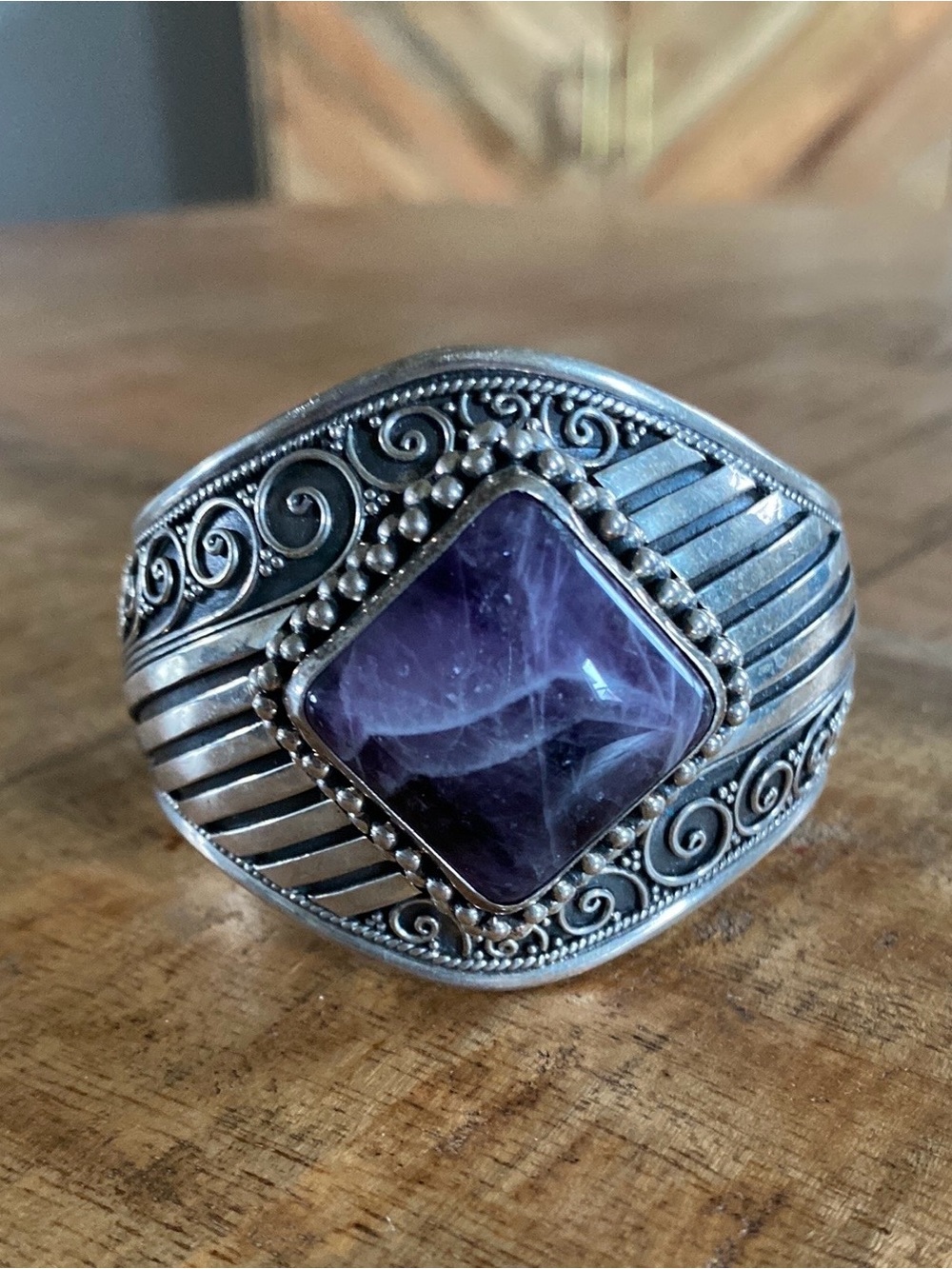 Vintage Meran Indonesia Sterling Silver Amethyst Cuff Bracelet 925